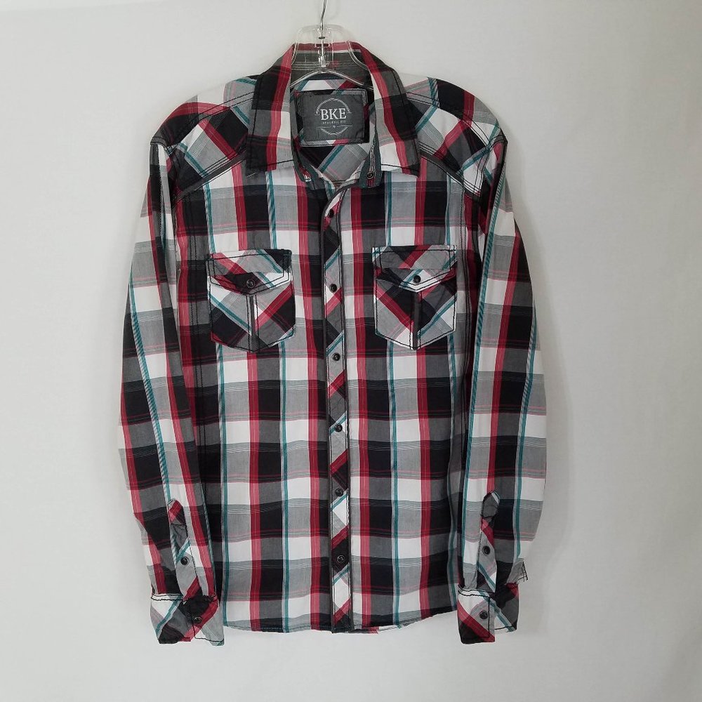 BKE Buckle Plaid‎ Pearl Snap Athletic Fit Shirt